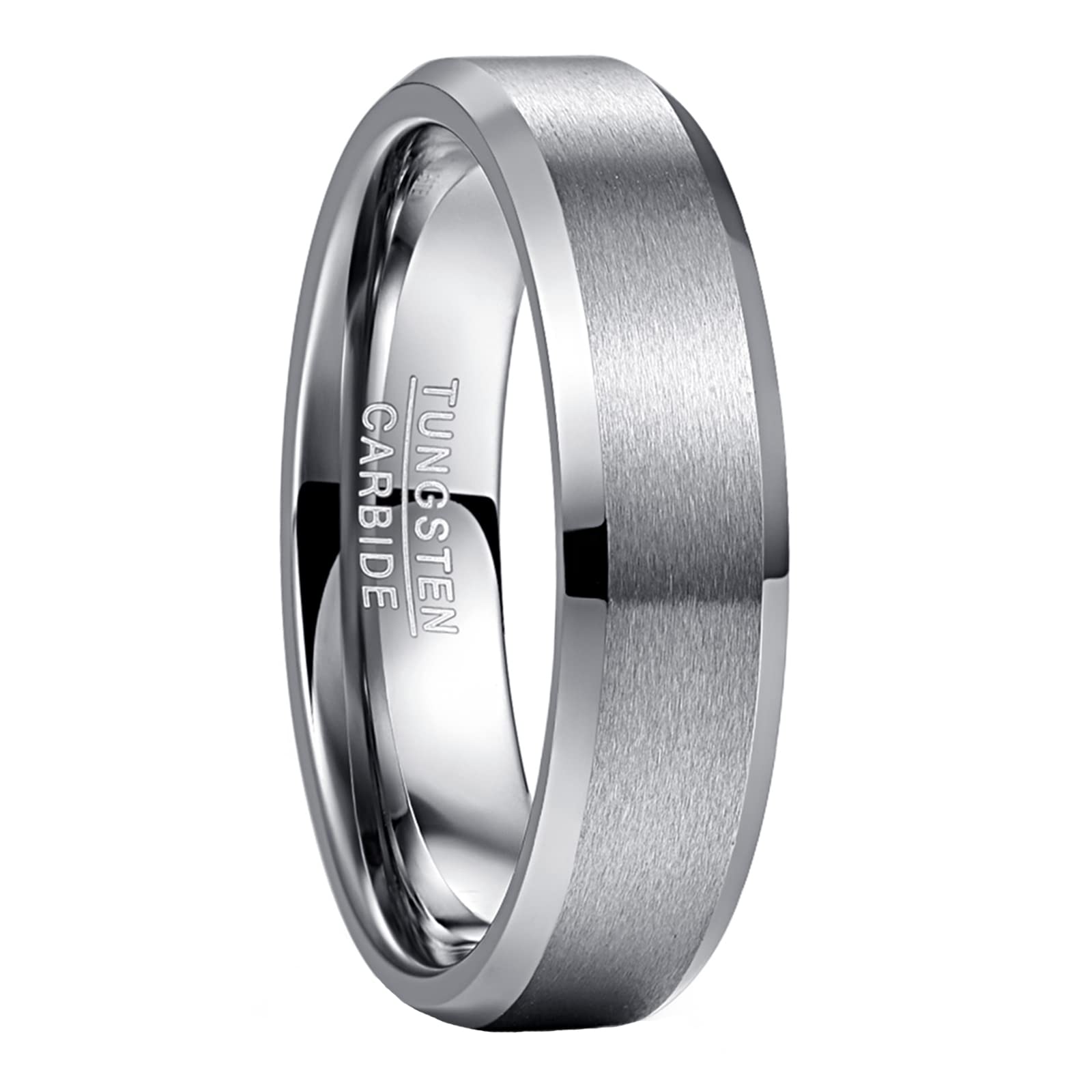 NUNCAD Mens Wedding Ring Silver 6mm Tungsten Carbide Rings for Men Matte Finish Simple Band Ring with Beveled Edges Size N(54.4mm)