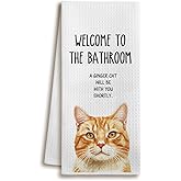 XUISWELL972 Orange Cat Mom Lady Lovers Gifts for Women, Funny Welcome to The Bathroom A Orange Cat Will Be with Hand Towels for Decor, 16x24 Inches