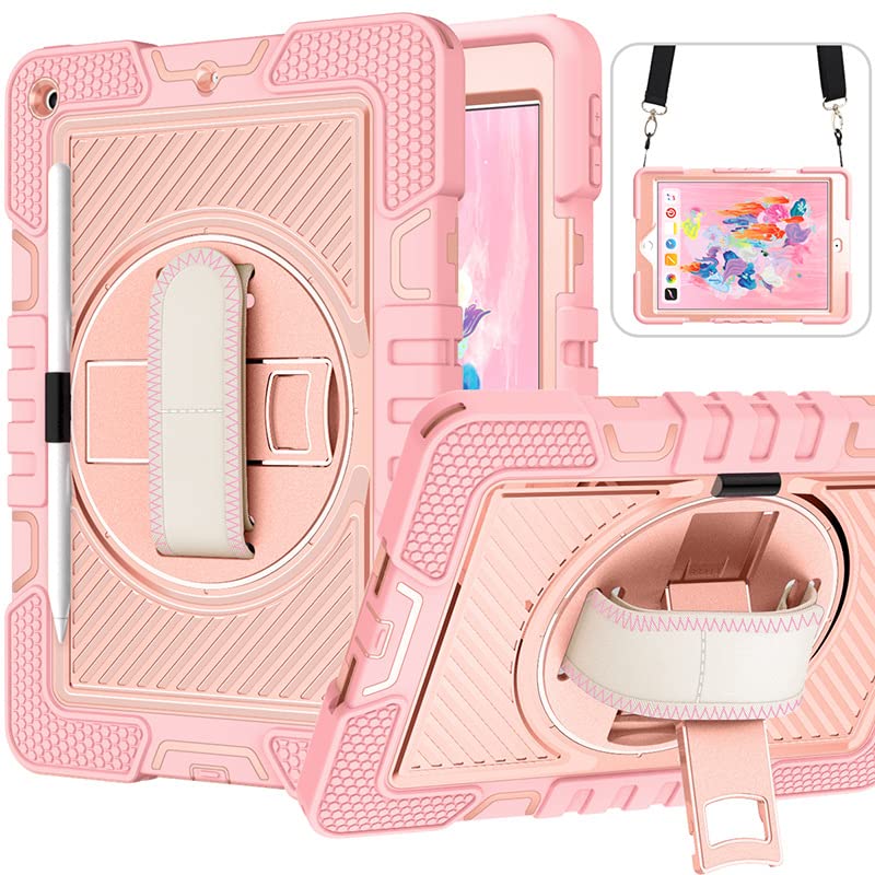 Case for iPad 10.2(2019/2020/2021) Generation Case Shockproof Full Body Coverage with Built-in Kickstand and 360° Rotating Hand Strap& Stand Carrying Strap(rose gold)