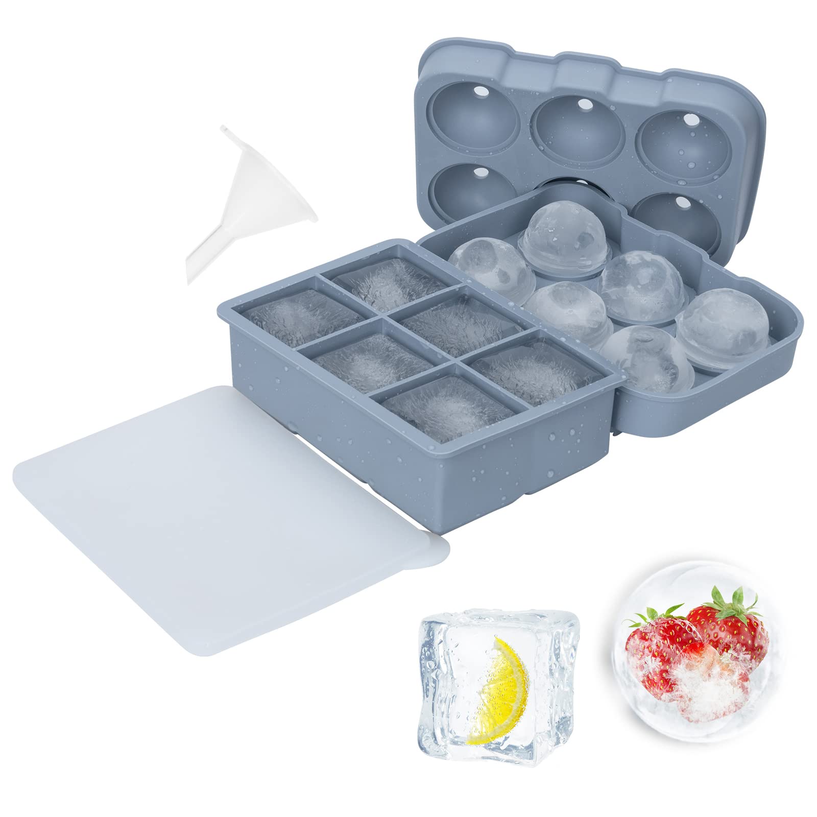 2 Pack Ice Cube Trays, Silicone Sphere Whiskey Ice Ball Mould and Large Square Ice Cube Mould, 6 Big Ice Cubes per Tray for Cocktails, Whiskey and Drinks Ice Cool (Blue, 1Square + 1Round)