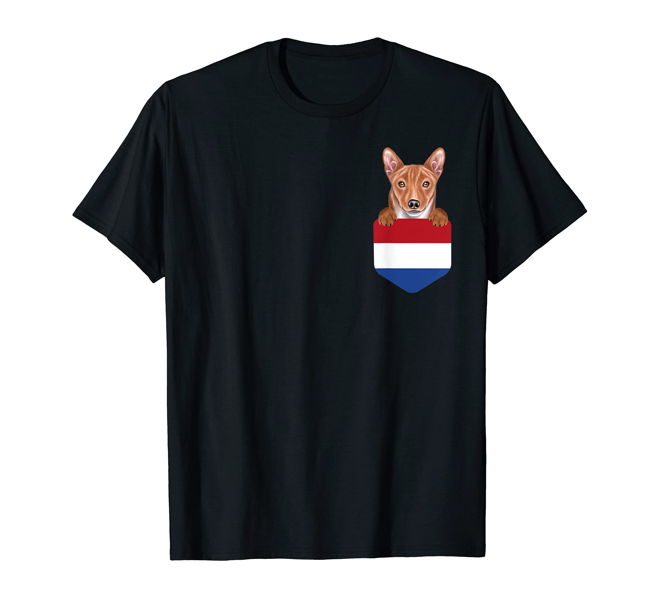 Netherlands Flag Basenji Dog In Pocket T-Shirt