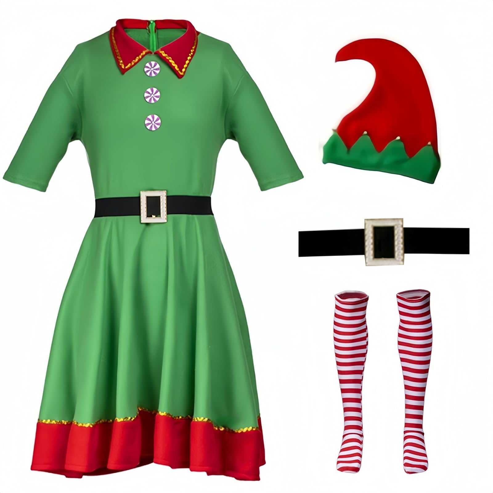 AudMsier Green Elf Women's Clothing Elf Set Hat Shirt and Pants, Christmas Carnival Costume Role-Playing(Mujer,XXS)