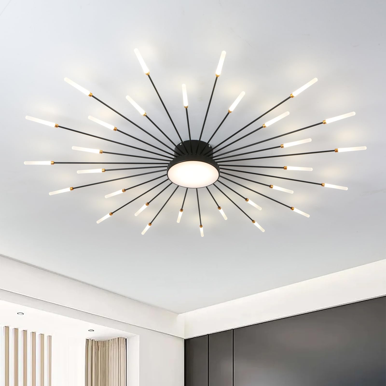 RRBEST Modern LED Ceiling Light,Creative Fireworks Design Chandelier,Living Room Ceiling Lamp,Flush Mount Lighting for Exhibition Hall Bedroom Restaurant Children's Room Lighting (Black,30+1 Heads)