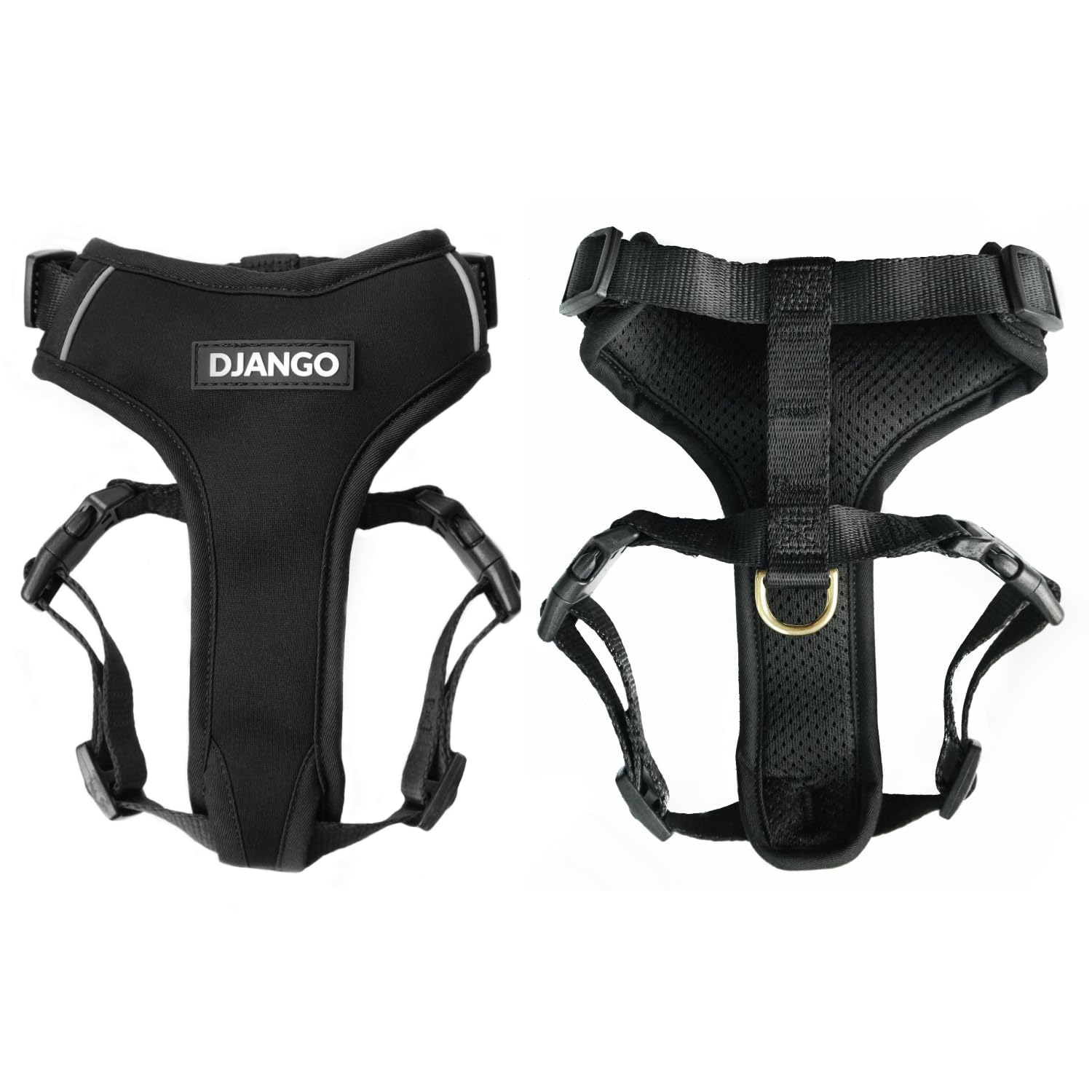 DJANGO Adventure Dog Harness - Modern, Stylish Small Dog Harness with Reflective Piping, Solid Brass D-Ring, Black Neoprene, Adjustable, Comfortable, Secure