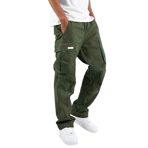 Men's Cargo Trousers Multi Pockets Loose Jogging Bottom Straight Leg Druable Work Trousers Stretchy Drawstring Solid Color Cargo Sweatpants Street Leisure Sports Joggers for Men UK Army Green