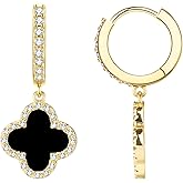 Gold Dangle Earrings for Women 14K Gold Plated Small Huggie Drop Earrings with Clover Charm