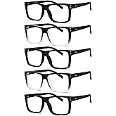 Eyekepper 5-pack Oversized Eyeglasses Square Large Frame Glasses for Men and Women - 3 Black and 2 Black-Clear +0.00