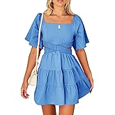 Senllen Womens Summer Dresses 2025 Short-Sleeve Square Neck Mini Dress Crossover Elastic Waist Casual Party Tiered Dress