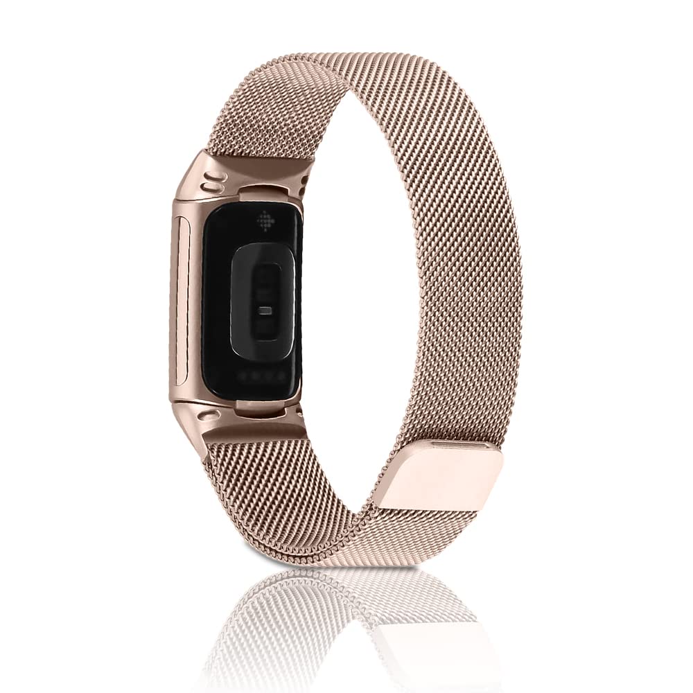 Niboow Strap Compatible with Fitbit Charge 6/Charge 5, Men Women Magnet Stainless Steel Metal Watch Bands Compatible with Fitbit Charge 6/Charge 5 - Rose Gold