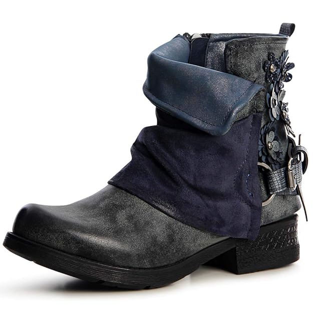 topschuhe24 1476 Damen Stiefeletten Worker Biker Boots Blume