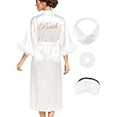 EPLAZA Bride Robe for Wedding Day Bridal Robes Feather Sleeve Satin Kimono Robes Bachelor Party Getting Ready Outfits
