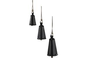 Deco 79 Metal Decorative Cow Bells Tibetan Inspired with Jute Hanging Rope, Set of 3 12",9",6"H, Black