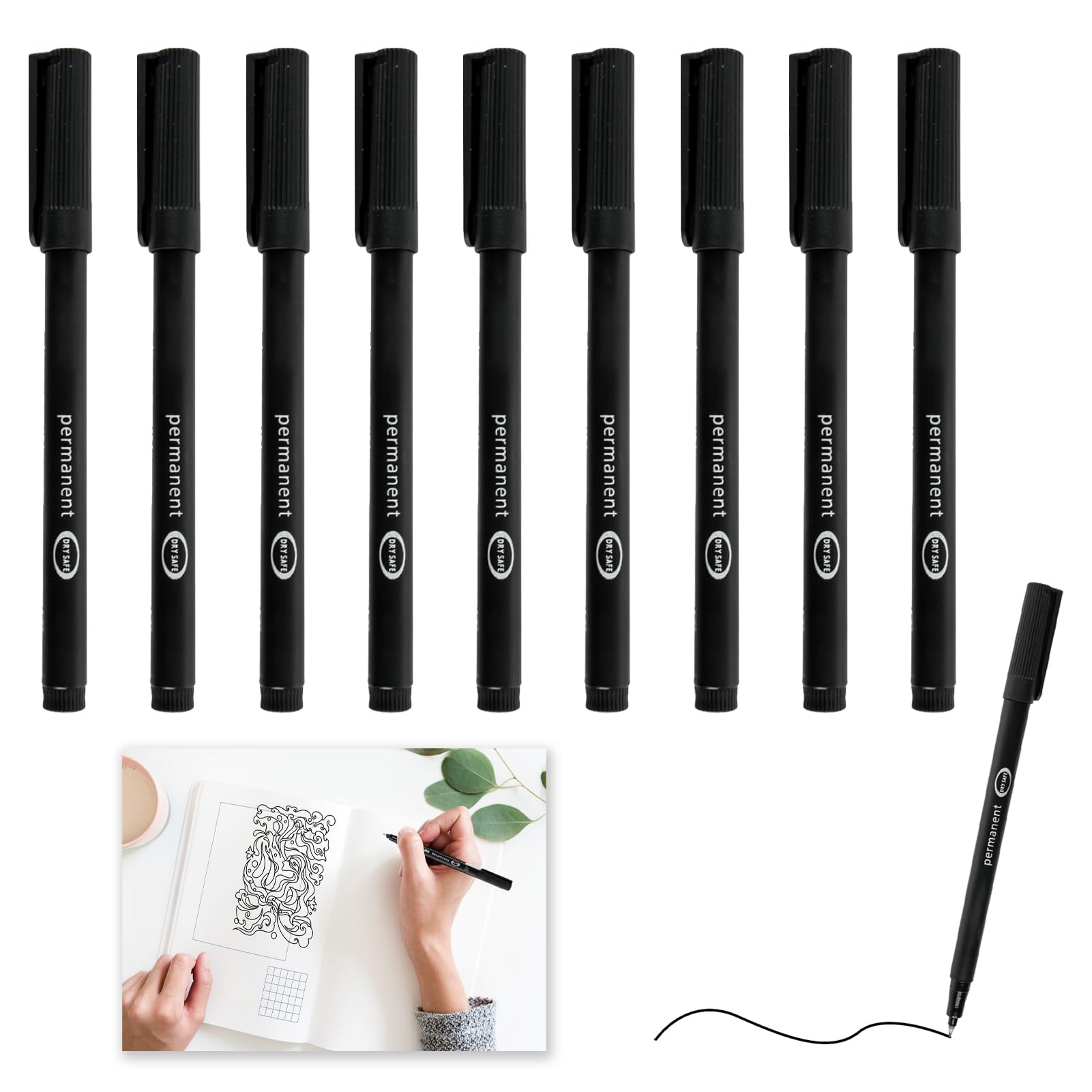 Qneneam 10-Pack Fine Tip Permanent Marker Pens, Waterproof Pen Black and Quick-Drying Ink, Smear-Proof Markers for Wood, Metal, Glass & Plastic, Ideal for Professional, Artistic and Home Use (0.6mm)
