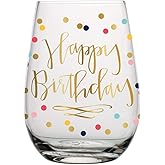 Slant Collections Wine Glass Gifts Stemless Wine Glass, 20-Ounce, Happy Birthday