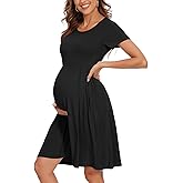 WOOXIO Women's Short Sleeve Maternity Dress Patchwork Pregnancy Clothes with Pockets