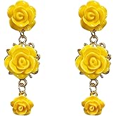 YUNXI Long Tassel Chain Red Rose Flower Dangle Drop Stud Earrings for Women Statement Jewelry