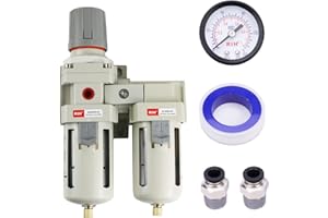 RIH Air Dryer System - 1/2" NPT Double Air Filters-5 Micron Particulate Filter& Air Pressure Regulator - Gauge(0-150 psi), Semi-Auto Drain, Poly Bowl,Bracket - 3 in 1 Two Unit (1/2" NPT)