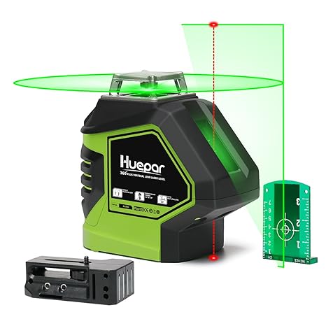 Huepar 621CG 1 x 360 Kreuzlinienlaser Grün mit 2 Laserpunkte, 360 Grad Linienlaser Selbstnivellierenden mit Pulsfunktion und 