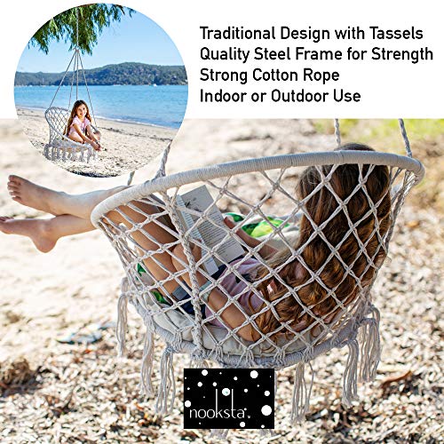 Nooksta Macrame Hanging Chair Swing Chairs Included Cushion & Hanging KIT for Indoor Outdoor, Hammock Stand, Ceiling or Tree Swing. Blue Vine Cushion