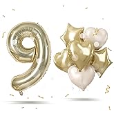 Large Number 9 Balloon, Champagne Gold Mylar Helium 9 Balloon Set Graduation Party Decor, Light Gold 40'' Foil 9 Balloon with Cream Nude Heart Star Balloon for 9th Birthday Party Decoration Supplies