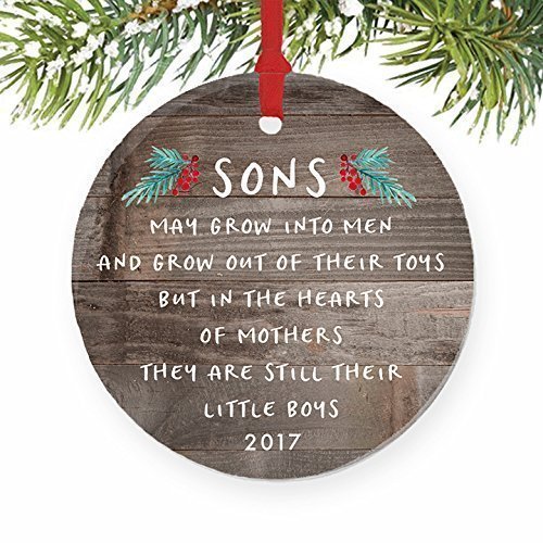 Gift for Son, Christmas Ornament 2017 Sons In The Hearts of Mothers Poem Present Idea, Mom from Young or Grown Child Xmas Ceramic Farmhouse Keepsake 3