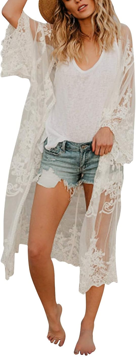 Women’s Bathing Suit Kimono Beach Cover Up Lace Crochet Pool Swimwear (Black) at  Women’s Clothing store
