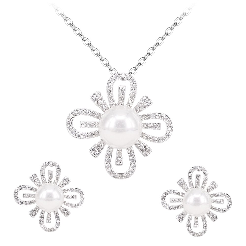 BiBeary Women Zircon CZ Simulated Pearls Flower Clover Petal Elegant Jewellery Set Necklace Earrings Silver-Tone