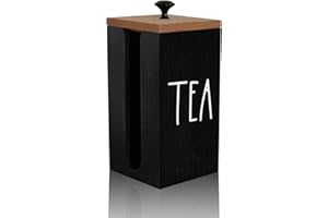 CHONIC Tea Bag Holder, Farmhouse Tea Caddy, Wood Tea Bag Storage Organizer, Tea Containers with Lid, Tea Bag Dispenser, Tea Canister, Tea Accessories, Great for Tea Bars and Tea Gifts (Black)