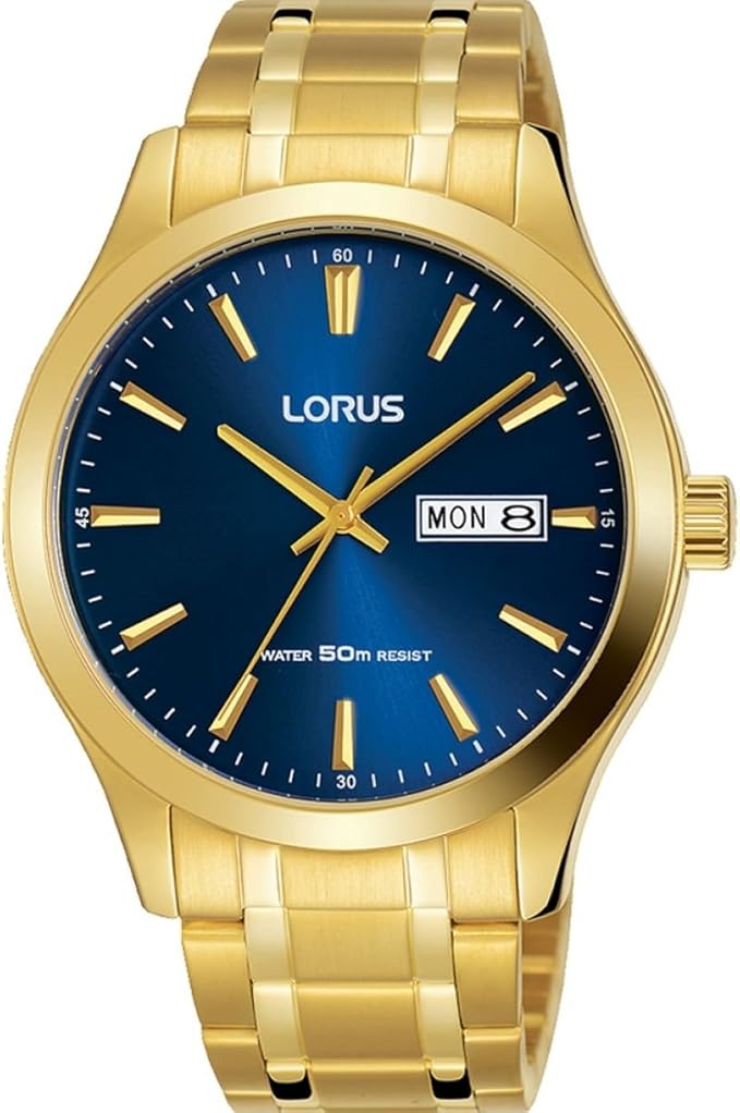 Lorus Gold PVD Plated Gold Case Blue Dial Day & Date Display RXN62DX9