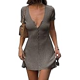 GCZREN Women Sexy Deep V Neck Button Front Knit Mini Dress Elegant Short Sleeve Ribbed Flowy Hem A-Line Short Dress