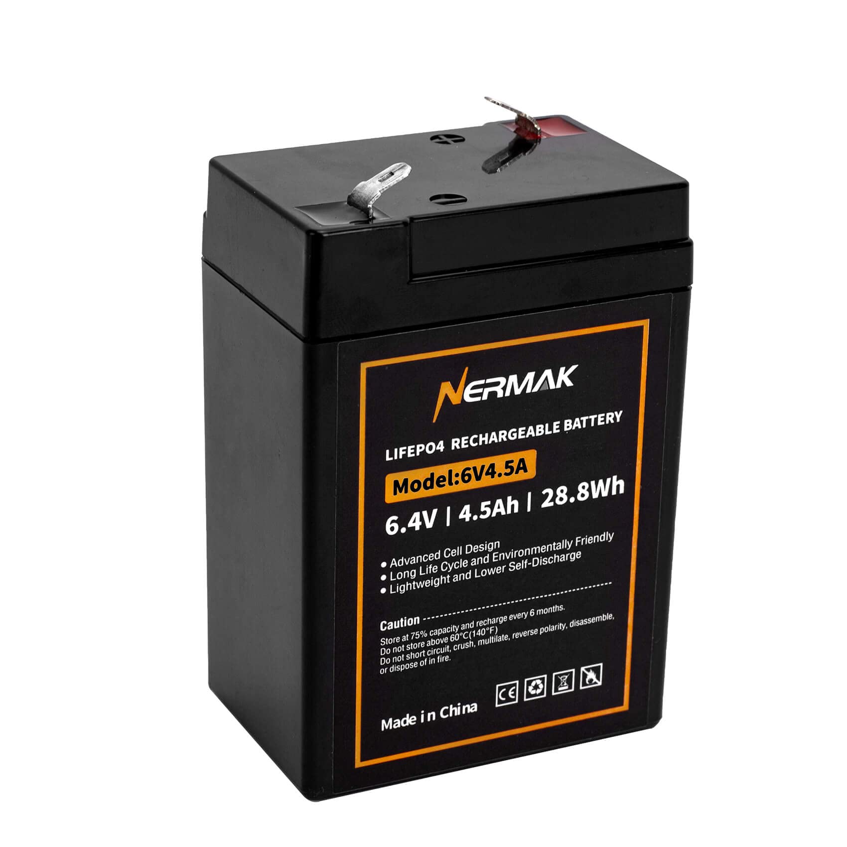 Photo 1 of NERMAK 6V 4.5Ah LiFePO4 Lithium Battery, 2000+ Cycles Rechargeable Lithium Iron Phosphate Battery for Emergency Light, Lantern, Kids Ride On Car, Deer Game Feeder and More with BMS (F1 Terminals)