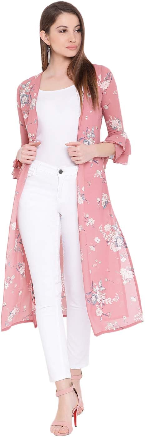Wisstler Peach Georgette Floral Print Long Shrug