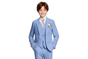 mengfeiyuaner Boys Linen Suit Casual Summer 3 Piece Slim Fit Suit Breathable Kids Teen boy Jacket Vest Pant