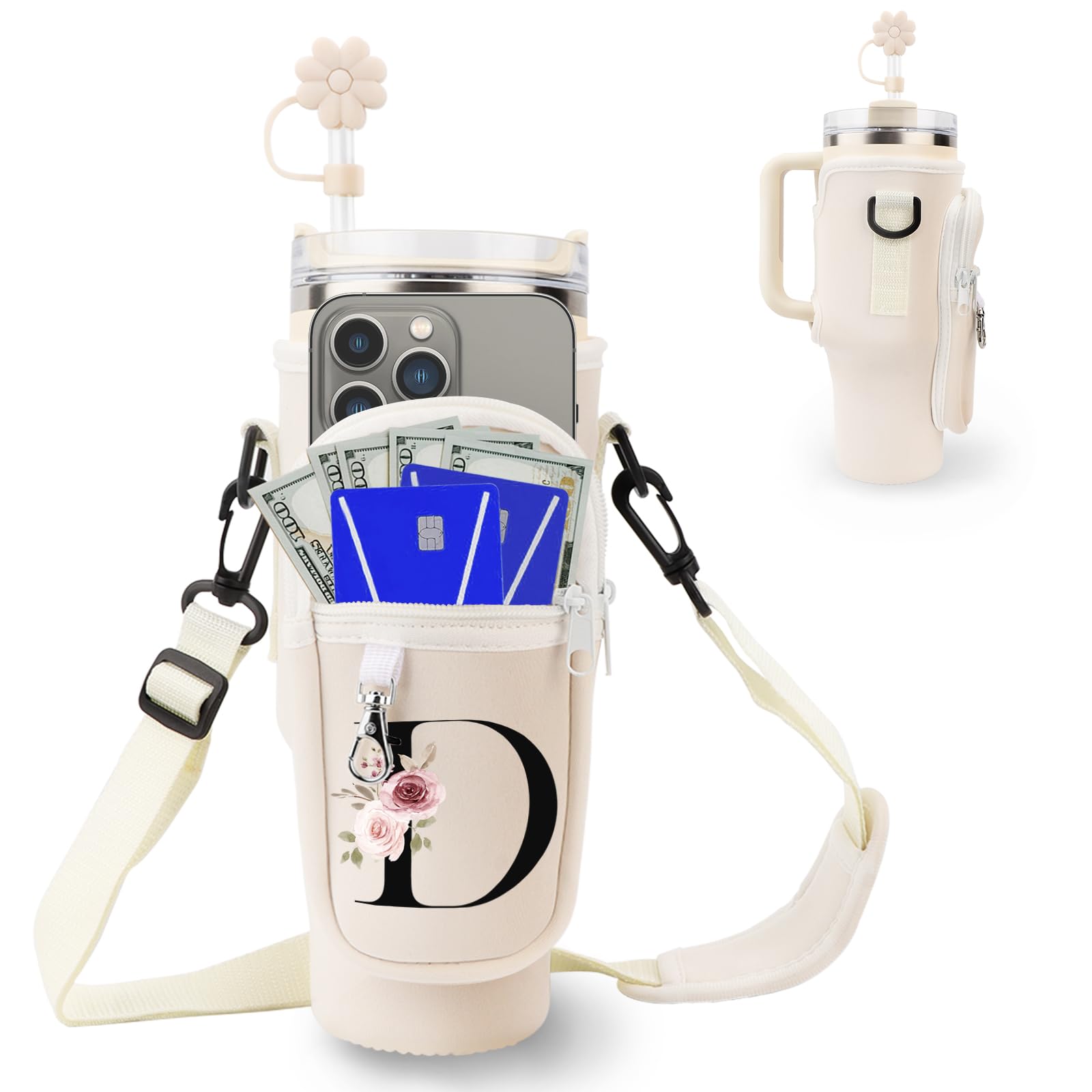 Initial Personalized Water Bottle Bag for Stanley 40oz Tumbler,with Phone Pocket,Neoprene Water Bottle Carrier with Adjustable Strap and Straw Cover & Carabiner,for Stanley Cup Accessories (D)