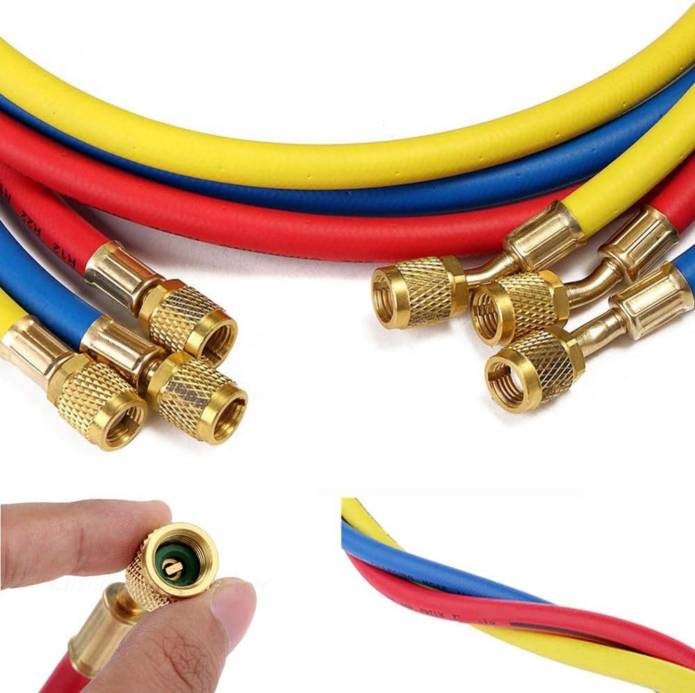 LIYYOO Refrigerant Charging Hose with Ball Valve Apply to R134A R12 R22 R502 R404 Refrigerant Air Conditioning Manifold Gauge 1/4" Thread Hose Set 60" Red/Yellow/Blue (Pack of 3): Automotive