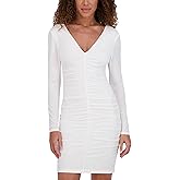 Siena Womens Long Sleeve V-Neck Ruched Bodycon Mini Dress