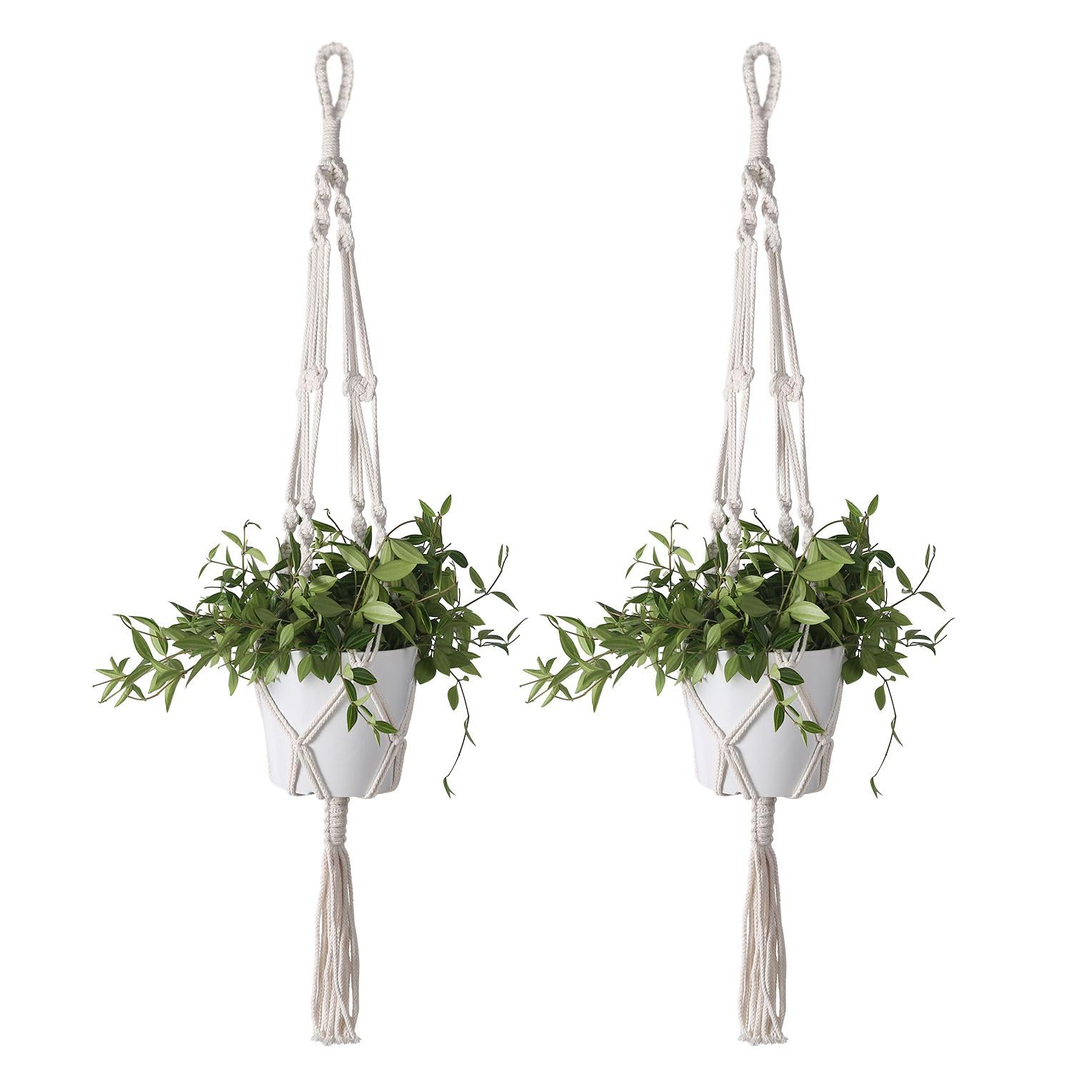 Flexzion 2 Pack White Macrame Plant Hanger - 41 Inch Macrame Hanging Planter with C & S Hooks - Indoor Hanging Plant Holder with Woven Cotton Rope for Home Decor (Plant Pot Not Included)