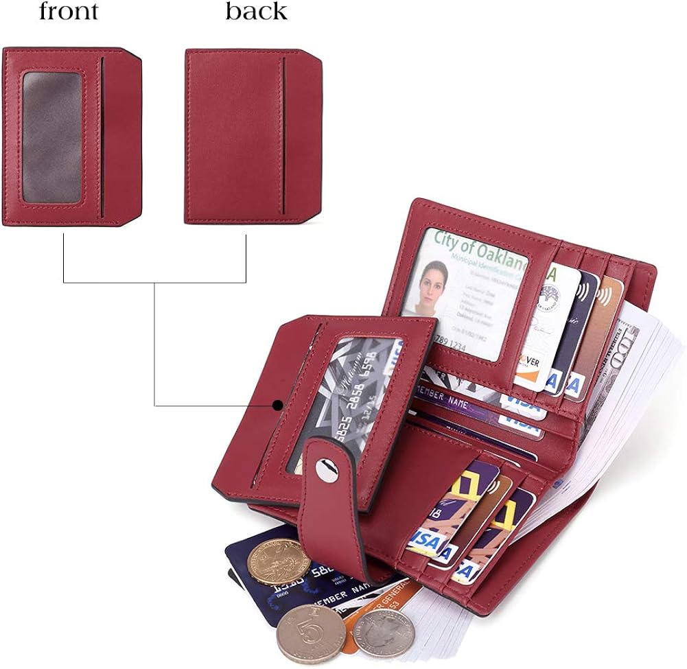 BOSTANTEN Women Leather Wallet RFID Blocking Small Bifold Zipper Pocket Wallet Card Case Purse with ID Window Wine Red