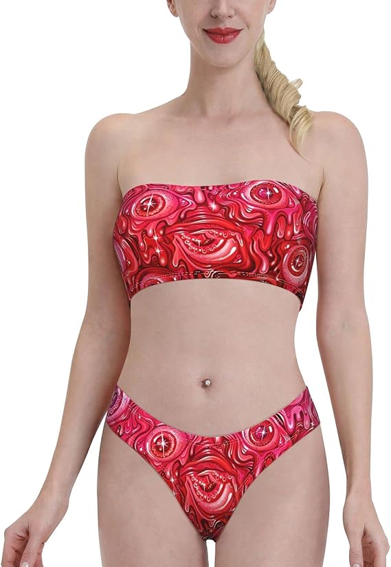Red Eyeball Pattern Women's Bandeau Bikini Set