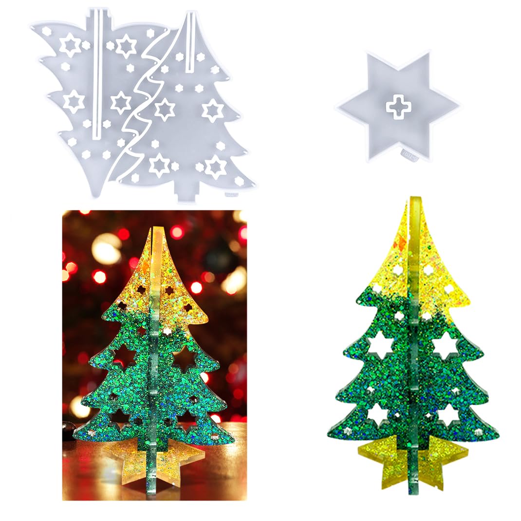 DIYBravo Christmas Resin Mould 3D Christmas Tree with Base Mould Silicone Splicing Xmas Art UV Epoxy Resin Casting Mould for Ornament Decoration Craft
