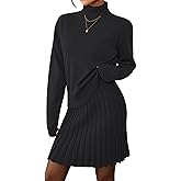 Pink Queen 2026 Women's 2 Piece Sweater Outfits Set Long Sleeve High Neck Top Pleated Mini Skirt Ribbed Knit
