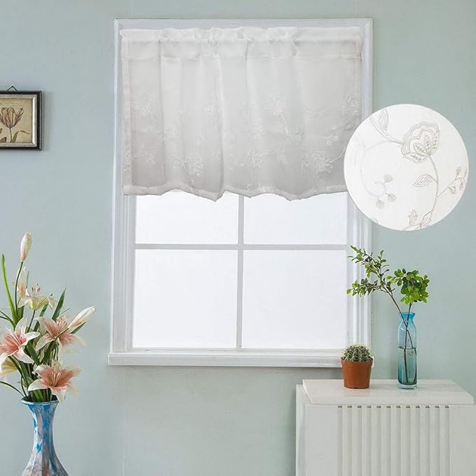 Amazon Com Morning Glory Floral Embroidered Country Curtain Sheer Valance Drapes Bathroom Door Panel Room Divider Kitchen Rod Pocket Voile Window Treatments Valance For Dining Room 1 Panel W39 X L21 Inch White