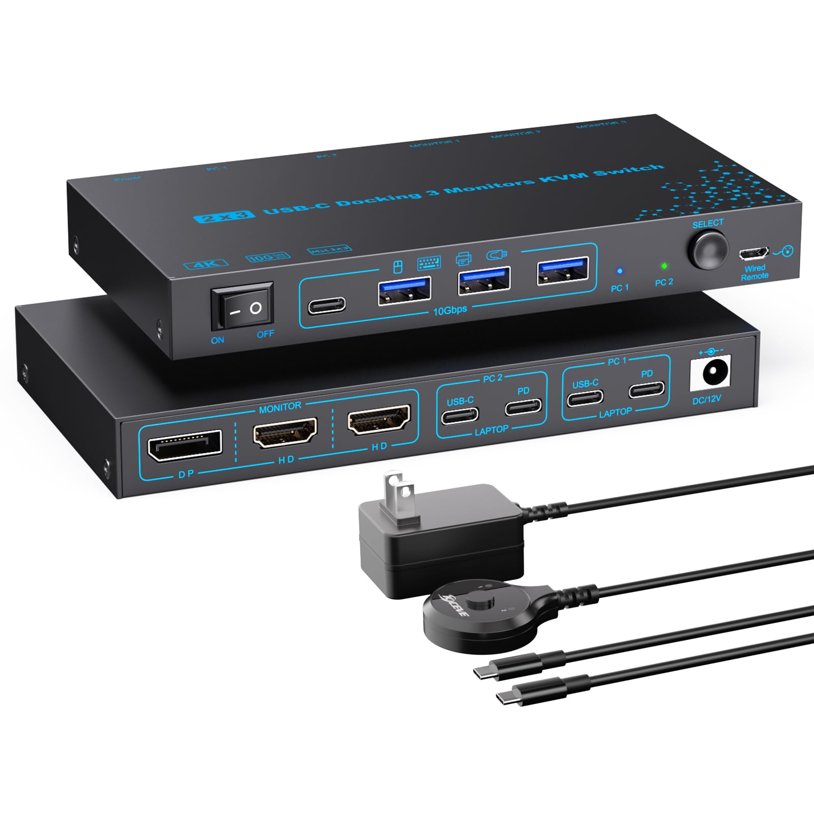 Photo 1 of 2 Laptops 3 Monitors KVM Switch 2 Port MST Dual USB-C Docking KVM Switches Triple Monitor Support Max 10Gbps USB Transfer Dual 4K@60Hz & One 1080P@60Hz Video Output, 100W PD Charging