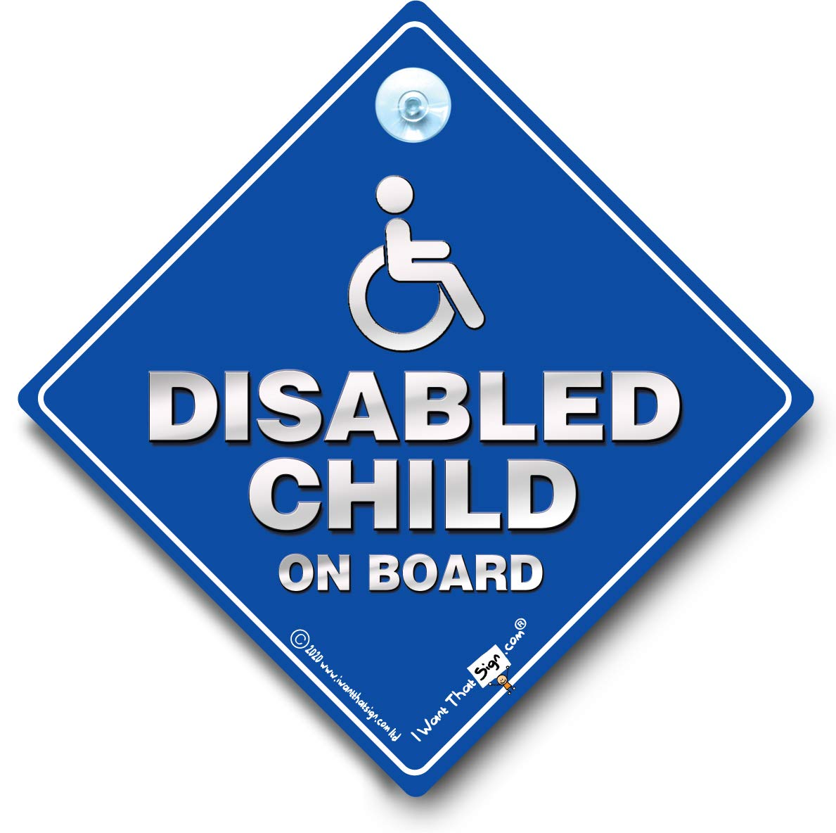 Disabled Child On Board Car Sign Silver and Blue Disability Suction Cup Car Sign