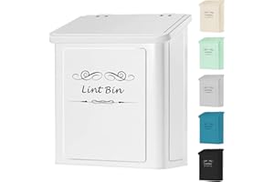 ELITAPRO Lint Holder Bin for Laundry Room - Farmhouse Magnetic Bin With Lid - Wall Mounted Trash Can for Dryer, Washer - Organization and Storage - Hanging Lint Box (White)