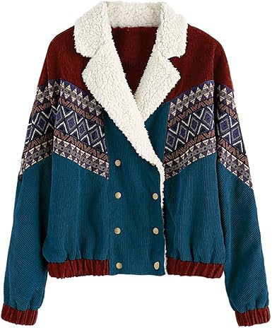 corduroy color block drawstring hooded jacket