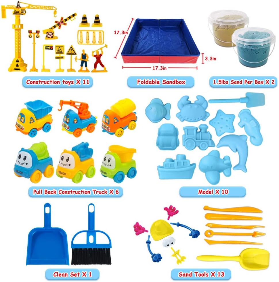 Play Construction Sand Kit - 3lbs Sand with 2 Colors, 6 Mini Construction Trucks, Construction Toys and Signs, Animal Mold, Modeling Tools, Foldable Sandbox with Clean Set Gifts for Boys Girls: Toys & Games