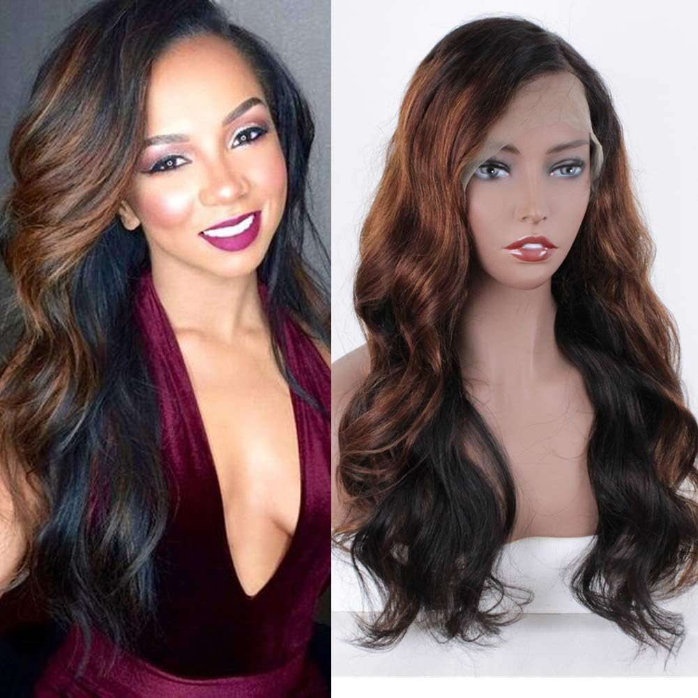 ZANA Ombre Highlight Lace Front Human Hair Wig, Brazilian Virgin Body Wave Hair Brown Blonde Mixed Color 360 Lace Frontal Wig, Pre Plucked with Baby Hair for Black Women 150% Density 16inch