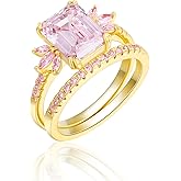 LAZLUVU Classic Cubic Zirconia Engagement Rings Square Pink Stone Bridal Set Promise Ring Jewelry Gift For Women Wedding Anniversary