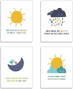 You Are My Sunshine Nursery Decor Set of Four 11x14" Unframed Prints, Nursery Prints for Baby Nurseries, Bedrooms, Playrooms, or Classrooms Nursery Rhyme Kids Art, Perfect Baby Shower Gift
